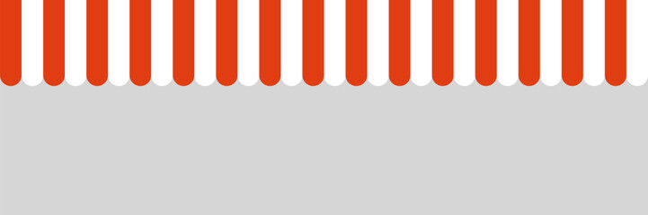 Red and white striped shop awning. Market canopy tent. Sun shade roof. Cafe awning. Shop striped canopy. Seamless pattern. Kiosk window border. Vector illustration isolated on gray background.