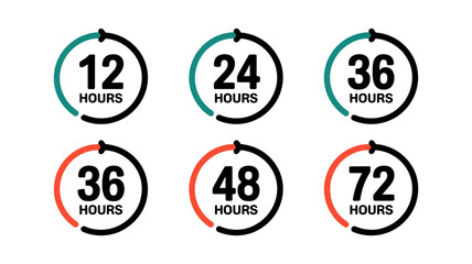 Hour Timer Icons Set: A set of six stylish, circular icons representing various time durations,  perfect for depicting deadlines, countdown timers, or illustrating a fast-paced environment.
