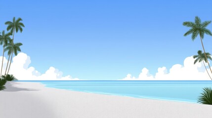 Obraz premium Tropical beach landscape with palm trees, white sand, calm ocean, and fluffy clouds under a bright sky