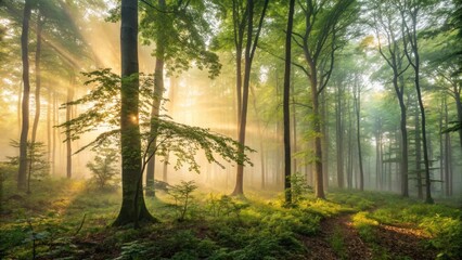 Fototapeta premium Sun rays streaming through mist in a lush green forest landscape scenery
