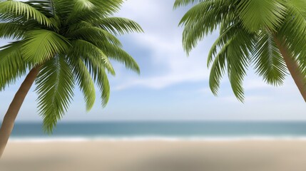 Fototapeta premium Tropical Paradise: Palm Trees Framing a Serene Beach with Turquoise Sea and Soft White Sand Under a Clear Sky