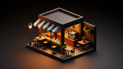 Isometric Night Cafe Low-Poly 3D Model of Cozy Coffee Shop