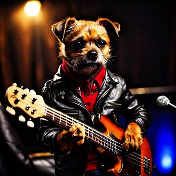 Yorkshire terrier puppy playing guitar. Cool dog wearing leather jacket performing on stage. Dog playing bass guitar in style like a true rock star