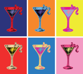 Set of Colored Hand Drawn Sketch Cosmopolitan Cocktail Drinks Vector Illustration