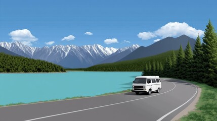 Scenic Landscape with White Van Driving by Turquoise Lake and Snowy Mountains under Blue Sky