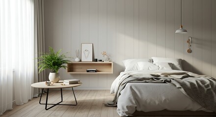 Bedroom Interior with Bed, Table, Plant