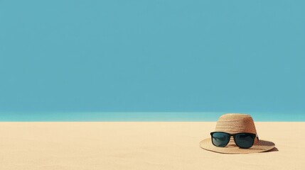 Straw hat and sunglasses on a sandy beach with a calm sea and light blue sky, evoking vacation vibes