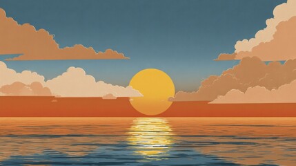 Obraz premium Ocean Sunset Scene with Reflected Golden Sun, Cumulus Clouds, and a Calm Sea Water Scape for Relaxing Atmosphere