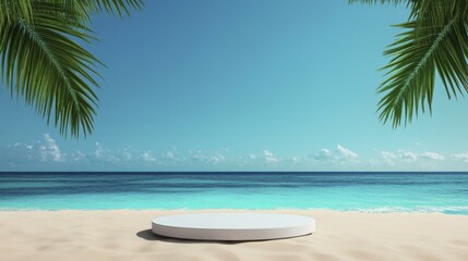 Obraz premium Round White Podium on Tropical Sandy Beach with Turquoise Ocean and Palm Leaves for Product Display and Advertisement