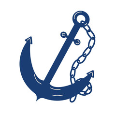 Ship anchor and chain. Blue sketch vintage  illustration