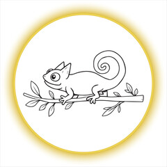 Chameleon Cartoon Illustration on Branch,Cute Chameleon Drawing for Coloring Book,Hand Drawn Chameleon Lizard Vector,Chameleon Sitting on Tree Branch Outline,Funny Chameleon Animal Line Art