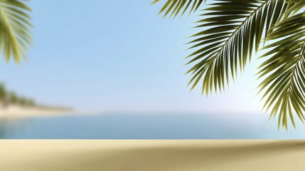 Obraz premium Tropical getaway backdrop with blurred beach, blue water, and palm fronds for vacation marketing