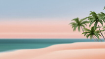 Fototapeta premium Abstract beach scene featuring palm trees, teal ocean, and sandy shore in soft focus for dreamy tropical mood