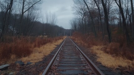 Fototapeta premium Lonely railroad tracks disappearing into a bleak, autumnal forest under a cloudy sky.