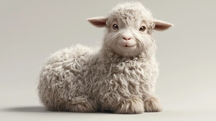Fototapeta premium Realistic 3D depiction of a chubby baby goat with curly fur, sitting calmly. Fluffy details and white studio background with soft lighting.