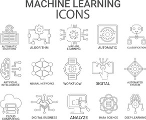 Machine learning line icons set. Vector illustration. Editable stroke. 