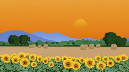 Sunflower Field at Sunset with Hay Bales, Mountains, and Trees in a Pastoral Landscape