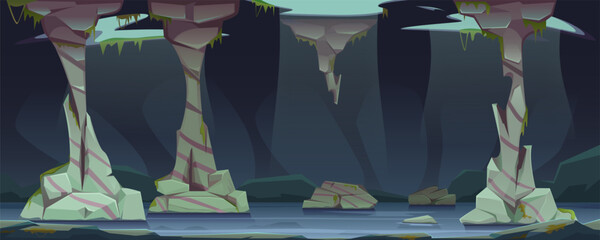 Cave with stone pillars and underground river or lake. Under the arch of the cave are openings through which sunlight and vegetation penetrate. Nature scene, landscape, environment, vector cartoon.