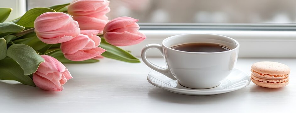 Delicious black coffee topped with cream sits alongside macarons and fresh tulips by a window, enhancing the cozy atmosphere. - Powered by Adobe