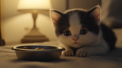 and black mixed kitten lying beside an empty food bowl, minimal surroundings, indirect lighting from a lamp, small shadow underneath, sense of abandonment black white kitten mixed color lying 