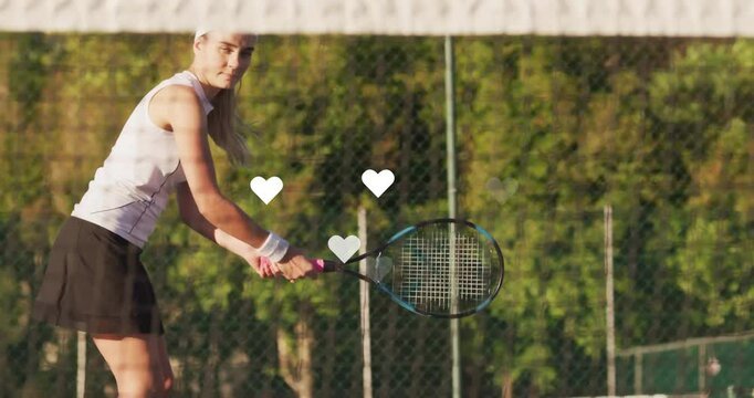 Female tennis player standing on court, holding racket, displaying animated speed gauge for sports