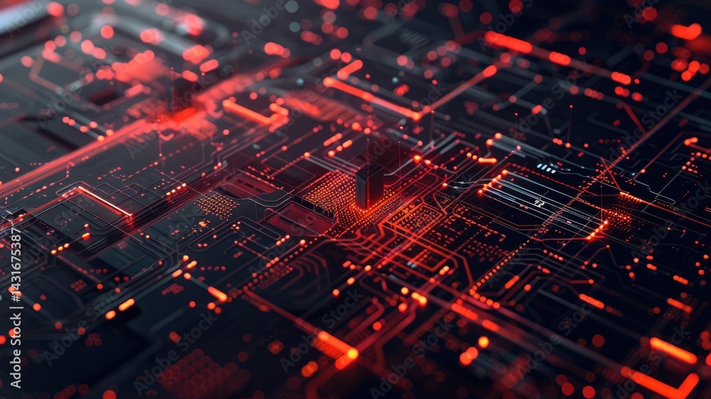 Fototapete Abstract of chip on complex circuit with digital technology style design and the electric light graphic show dynamic movement represent about processor algorithm process on high tech device. AIG53.