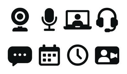 Video conference solid icons set – flat style communication, remote work, and online meeting symbols: webcam, microphone, headset, chat bubble, calendar, clock, video call.