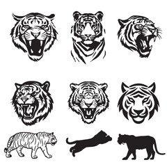 A striking collection of vector illustrations featuring various tiger and panther designs, including roaring tiger heads, prowling and jumping big cats, and detailed animal portraits. This black-and-w