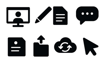 Communication technology solid icon set – silhouette style office, digital, and online symbols for productivity: video call, pencil, document, chat bubble, upload, cloud sync, cursor.