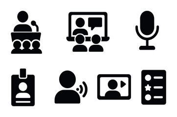 Virtual communication solid icon set – flat style conferencing, networking, and interaction symbols: speaker, video call, microphone, badge, feedback, chat, webinar.