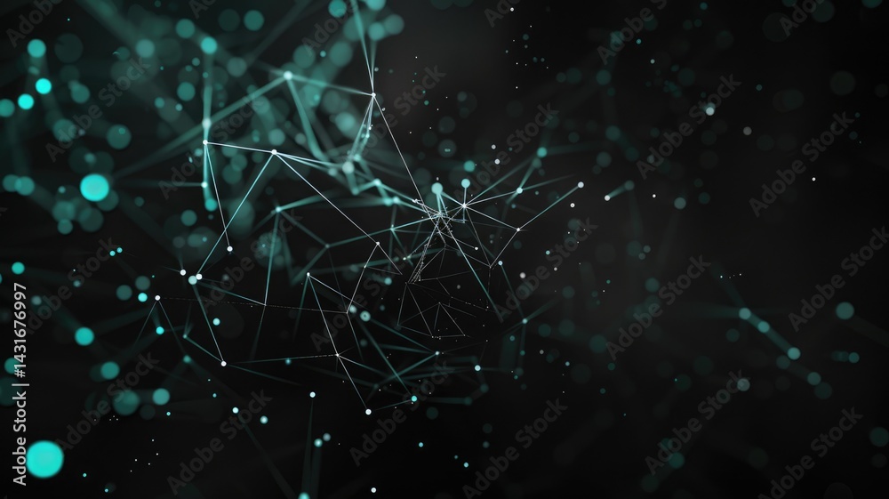 Poster abstract picture of turquoise particle with sparkle atom style design connect and flow show energy d