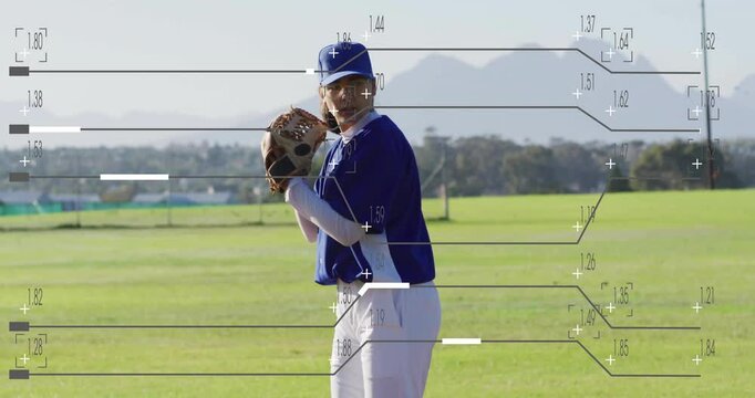 Female athlete preparing pitch on baseball field, with animated speed gauge and technology overlays