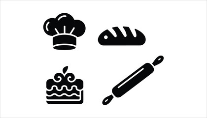 Bakery icon set with bread, rolling pin, cake, and chef hat