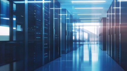Bright futuristic data center with glassy floors and glowing blue servers, ideal for tech marketing, cloud infrastructure visuals, and secure digital service promotions