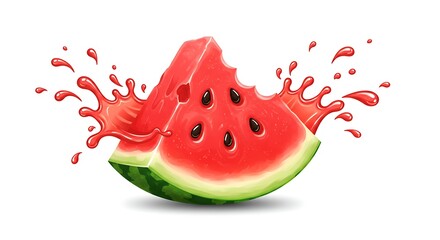 A cartoon watermelon slice being bitten, drops of juice flying in motion
