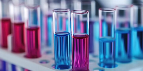 Test-tubes with blue and red liquids on a white rack, bubbles in blue.
