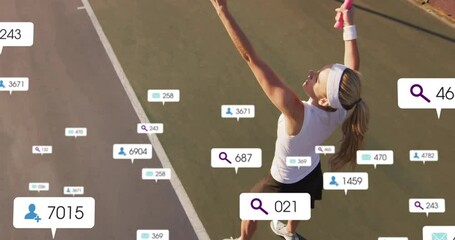 female tennis player serving ball on outdoor court, using sports technology with floating AR icons - Powered by Adobe