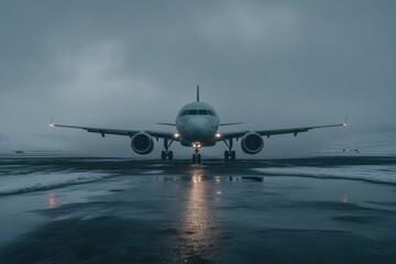 Airplane on Airport Runway in Foggy Weather Conditions at Dusk