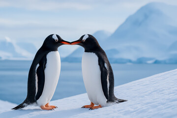 Fototapeta premium Two Gentoo Penguins Touching Beaks on Antarctic Snow
