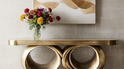 Gold console table with flowers, abstract art, textured wall; interior design