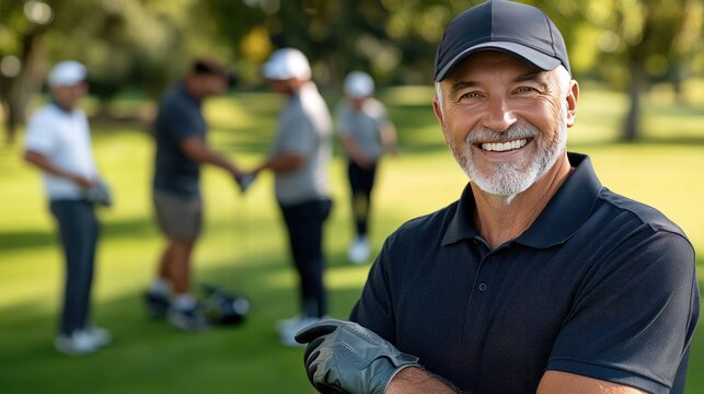 Smiling older man in black polo and cap stands on golf course, holding gloves, with friends playing in the background on a sunny day