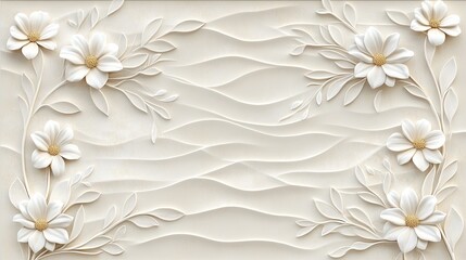 Delicate white flowers blend harmoniously with a soft cream background, showcasing intricate calligraphy and an aged paper texture