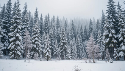 Fototapeta premium Winter Wonderland Forest: The scene evokes a sense of tranquility. The photograph captures a forest covered in fresh snow, with tall, evergreen trees.