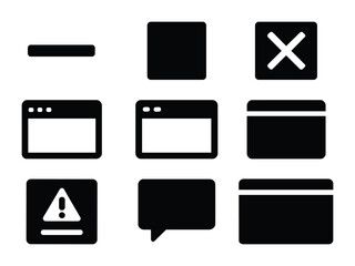 Ui silhouette icons set – solid style web and ux design symbols for interface customization: button, window, close, alert, chat, tab, menu