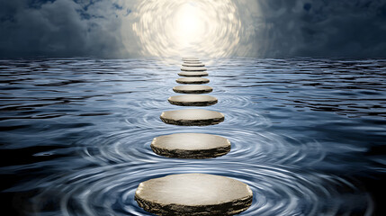 Obraz premium pathway made of glowing stepping stones leading to a grand, mysterious portal surrounded by swirling energy 