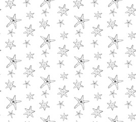 Starfish seamless pattern. Vector graphic line ink illustration. For vacation poster, beach party invitation, backdrop, ad, sale promotion, print for t-shirt