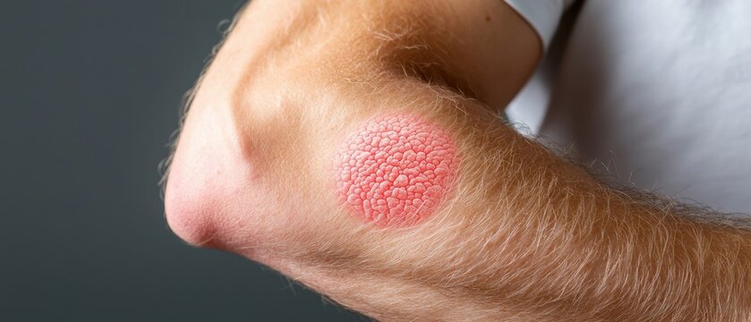 Close-up view of a ringworm fungal infection causing a circular red rash on the forearm
