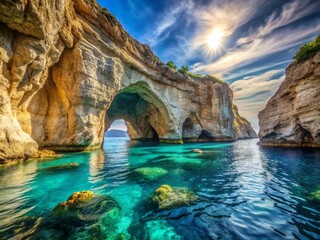 Naklejka premium Keri Caves, Zakynthos, Greece: Dramatic Coastal Landscape Photography
