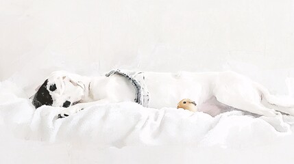 Obraz premium paralyzed dog lying on soft blanket with a cuddly guinea pig snuggled close, calm moment, white background, illustrated in soft brush style paralyzed dog blanket guinea pig snuggle friend pet 