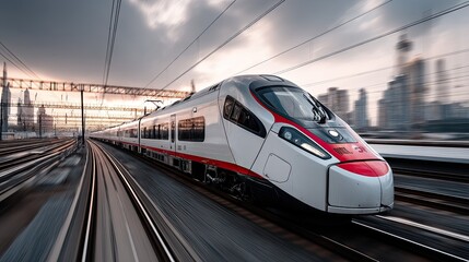 Fototapeta premium A high-speed train glides swiftly along tracks, framed against a stunning sunset and urban skyline, showcasing modern engineering